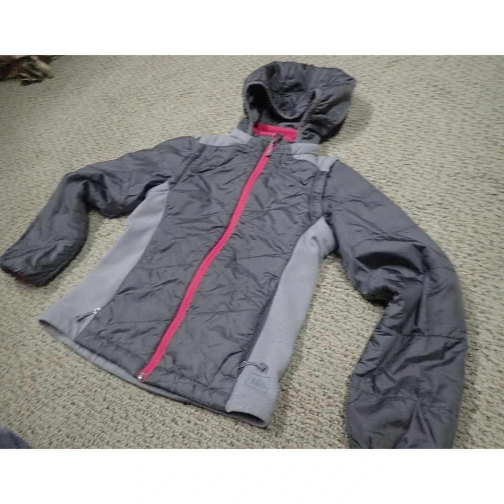 REI Hooded Insulated Jacket Girls Size 8‎ Grey Pink Excellent Hybrid Puffer